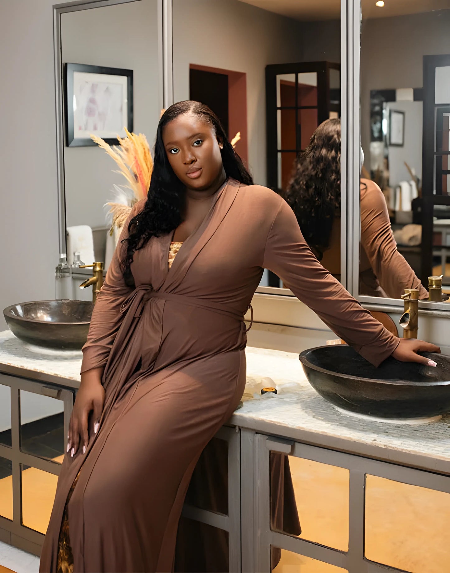 AWA SET MARRON - Robe et déshabillée long