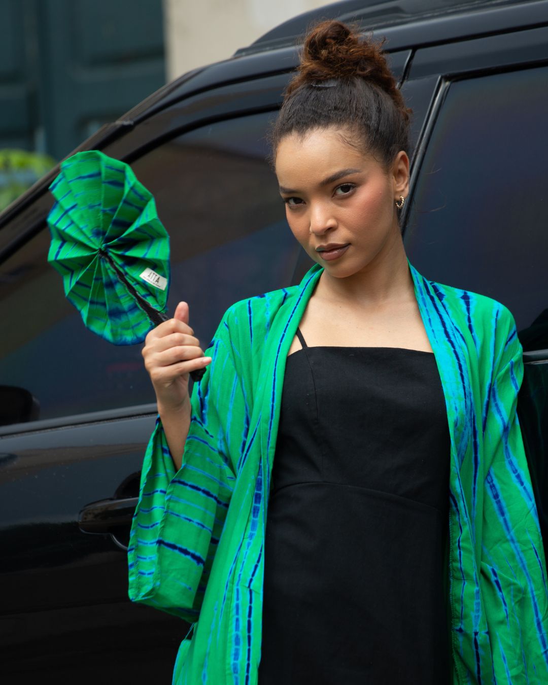 Eventail en cuir et tissu - Vert