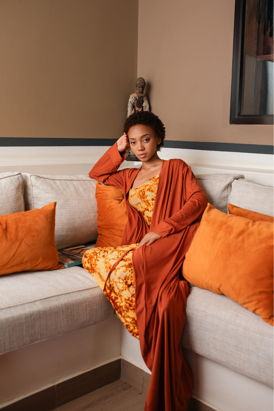 AWA SET ORANGE | Ensemble 2 pièces : Robe + déshabillé long