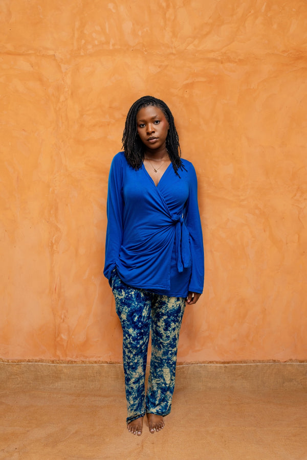 KORA SET BLEU | Ensemble 2 pièces : Haut cache-cœur + pantalon