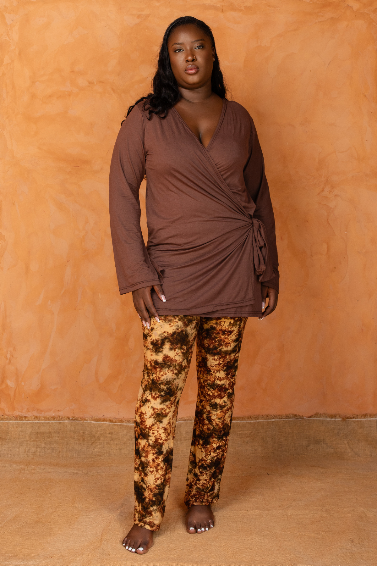 KORA SET MARRON | Ensemble 2 pièces : Haut cache-cœur + pantalon