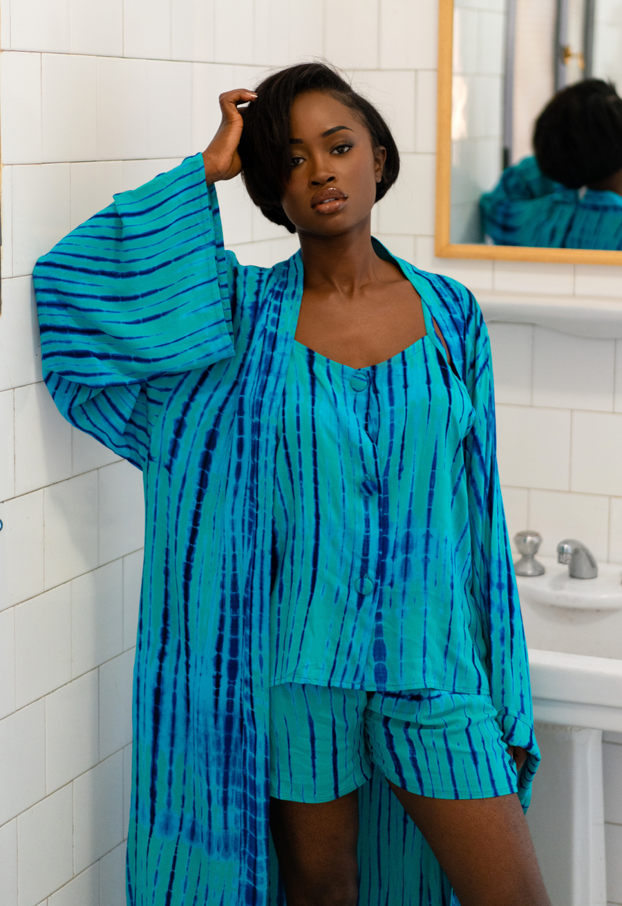 MALAKA SET BLUE | 3-Piece Set: Tank Top + Shorts + Short Kimono
