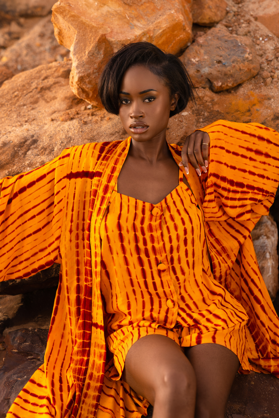 MALAKA SET JAUNE | Ensemble 3 pièces : Débardeur + short + kimono court