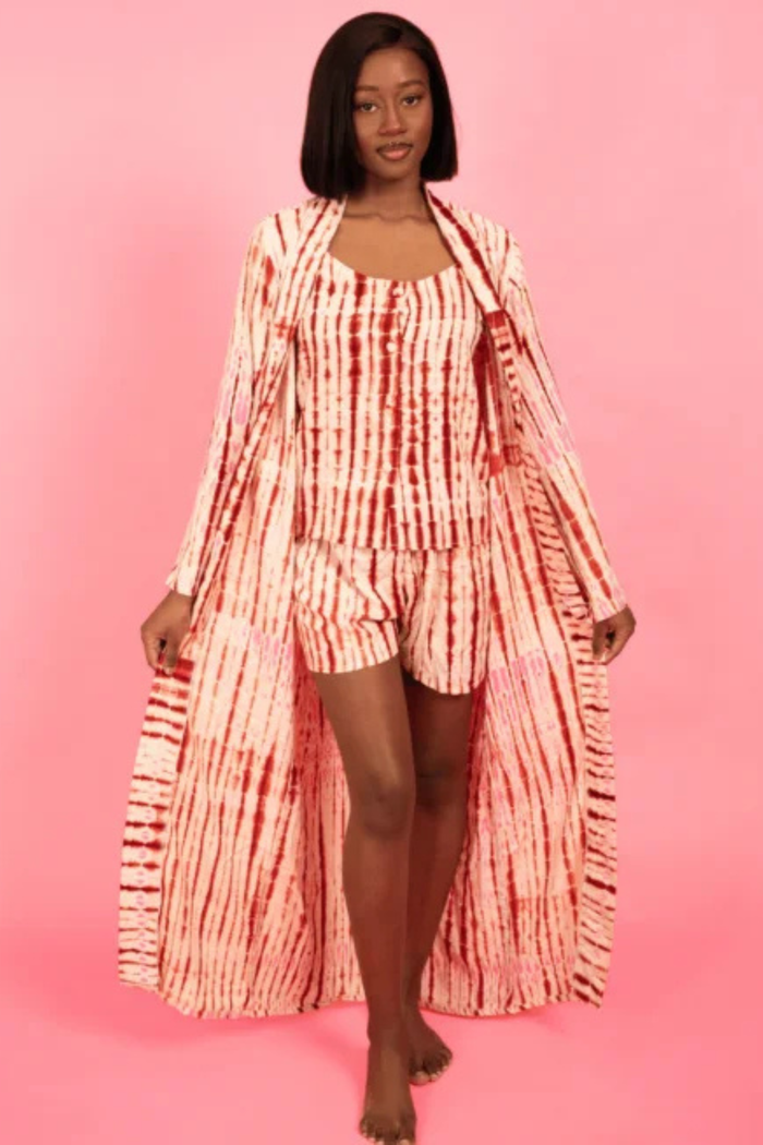 MALAKA SET ROUGE/ROSE | Ensemble 3 pièces : Débardeur + short + kimono court