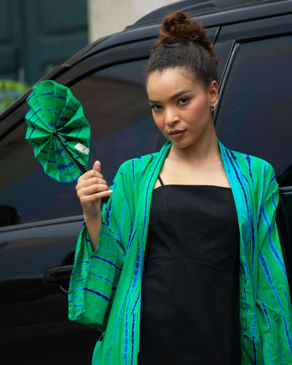 Eventail en cuir et tissu - Vert