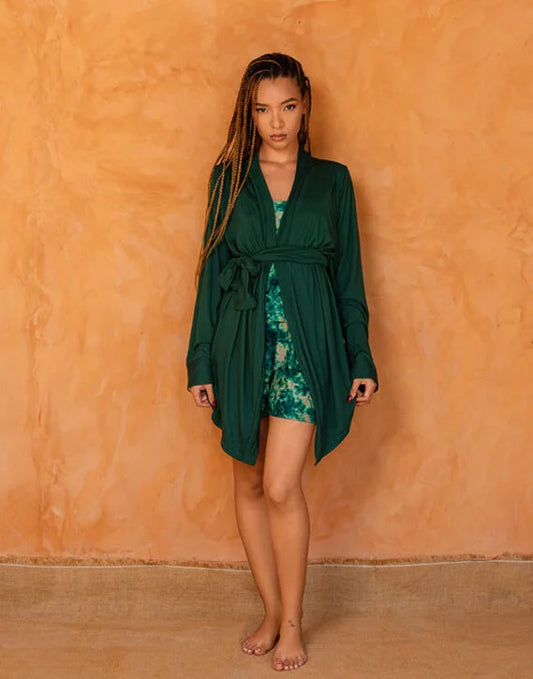 SIRA SET GREEN Tank top, shorts and mid-length kimono