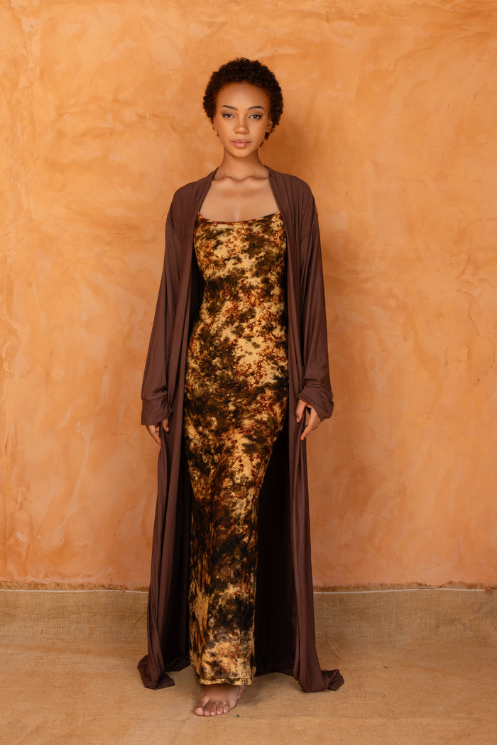 AWA SET MARRON | Ensemble 2 pièces : Robe + déshabillé long