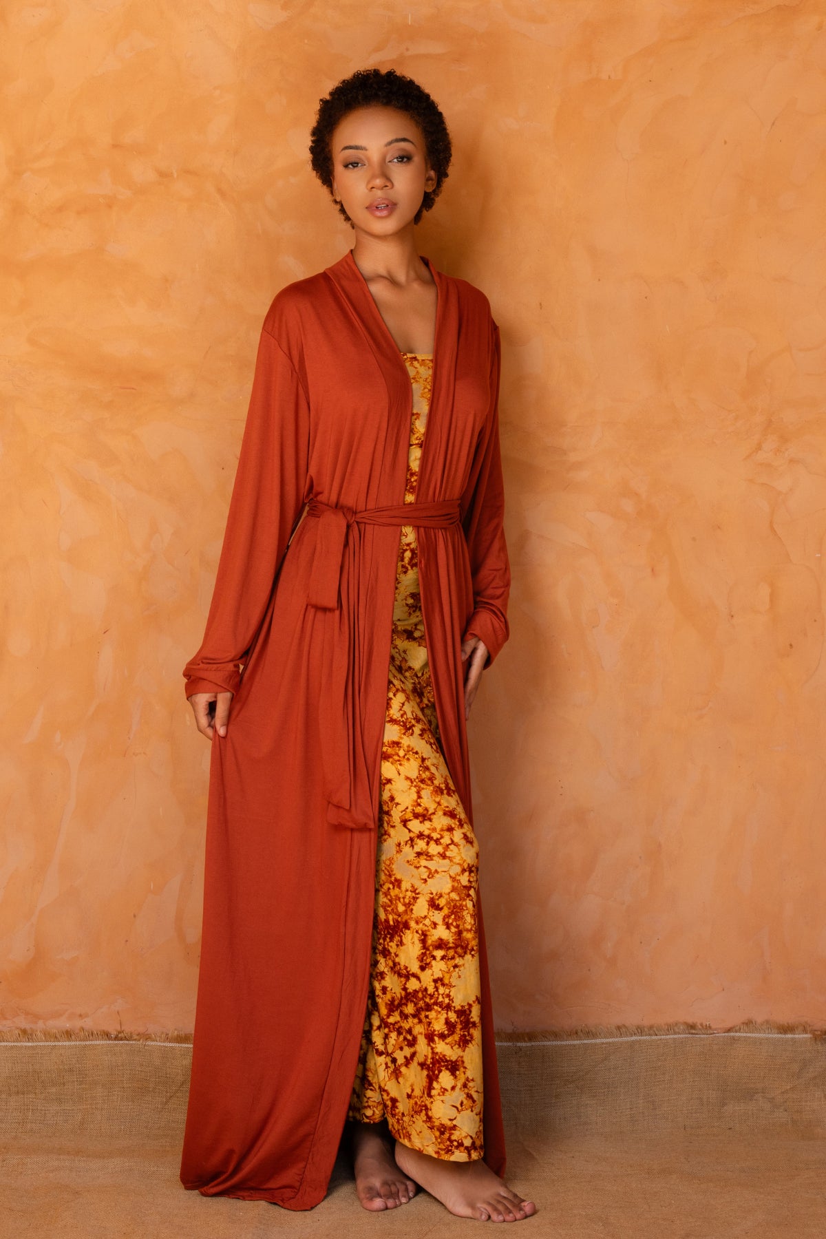 AWA SET ORANGE | Ensemble 2 pièces : Robe + déshabillé long