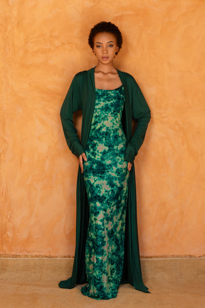 AWA SET VERT | Ensemble 2 pièces : Robe + déshabillé long