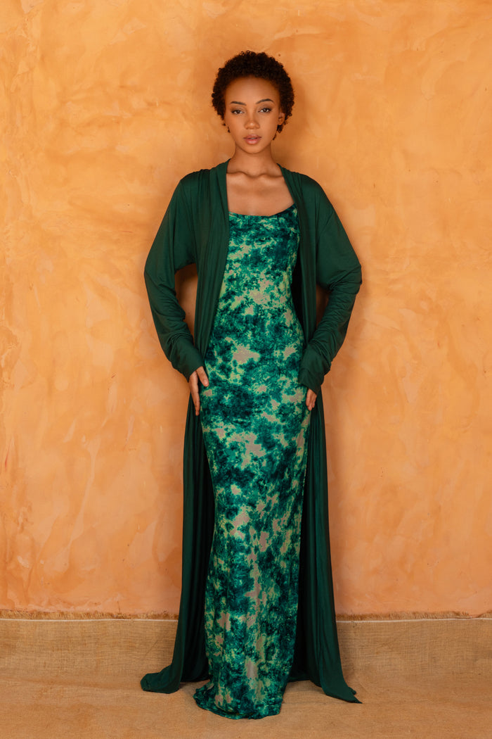 AWA SET VERT | Ensemble 2 pièces : Robe + déshabillé long