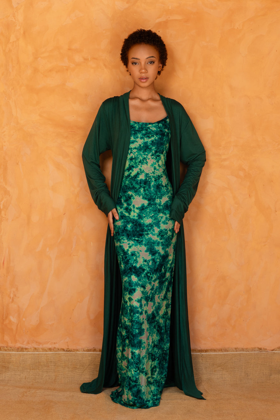 AWA SET VERT | Ensemble 2 pièces : Robe + déshabillé long