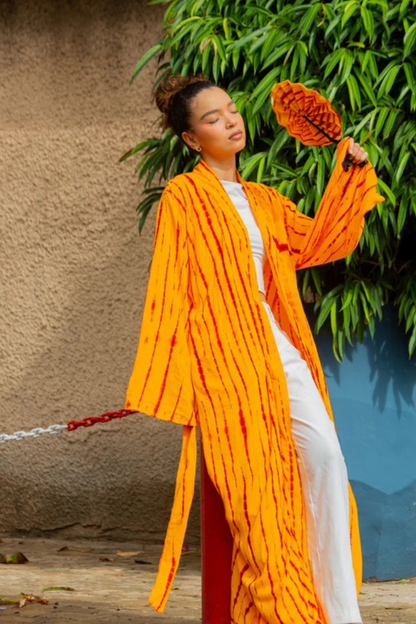 Eventail en cuir et tissu - Jaune