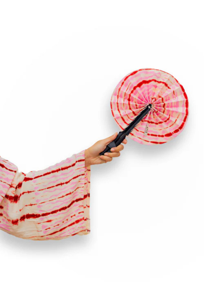 Eventail en cuir et tissu - Rose