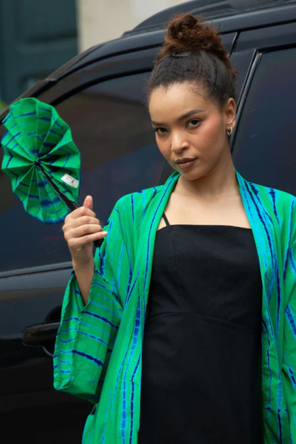 Eventail en cuir et tissu - Vert