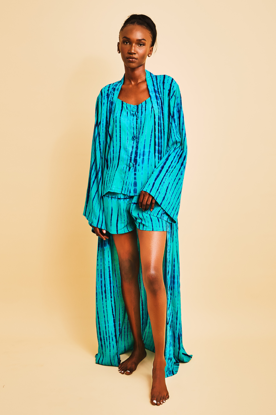 MALAKA SET BLEU| Ensemble 3 pièces : Débardeur + short + kimono court