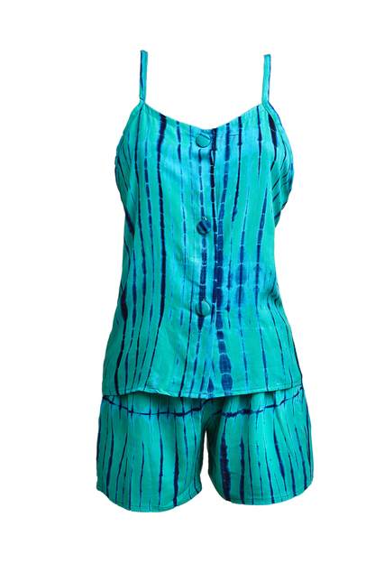 MALAKA SET BLEU/VERT | Ensemble 3 pièces : Débardeur + short + kimono court