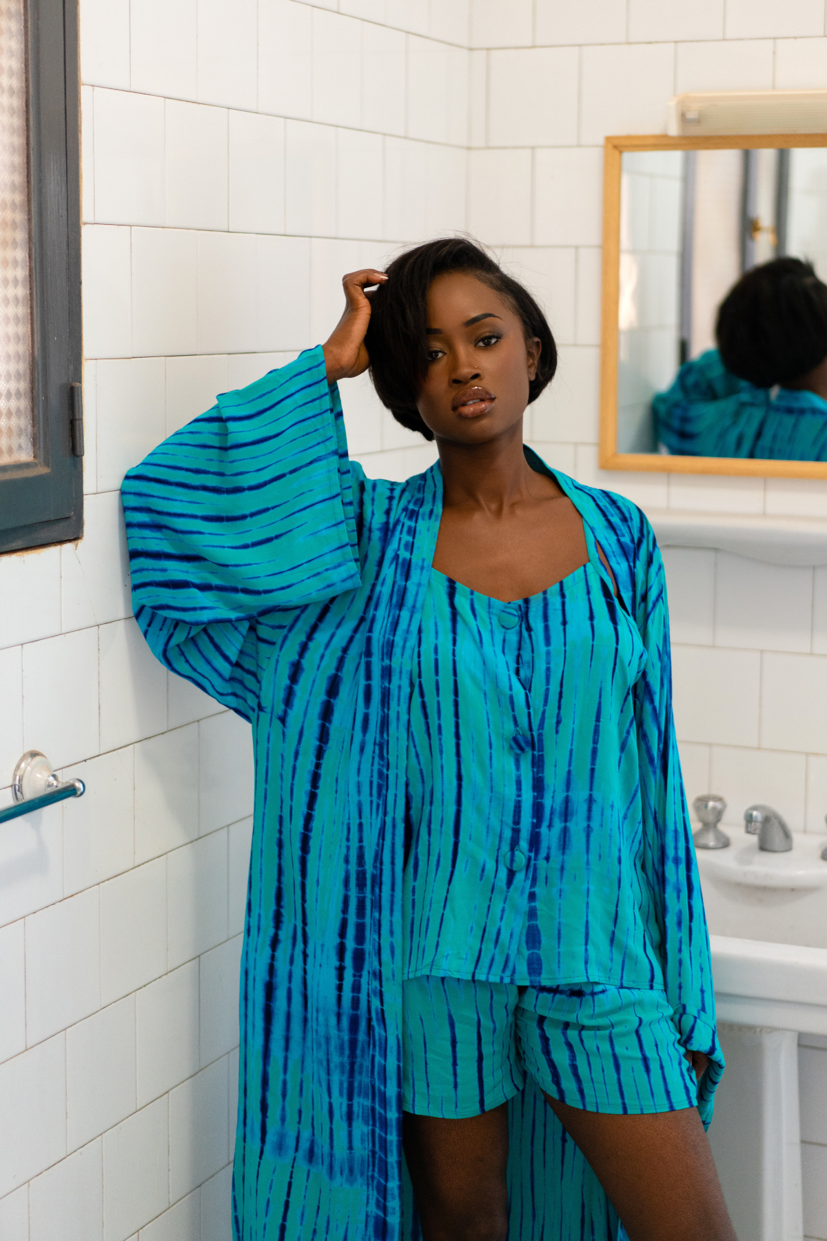 MALAKA SET BLEU/VERT | Ensemble 3 pièces : Débardeur + short + kimono court