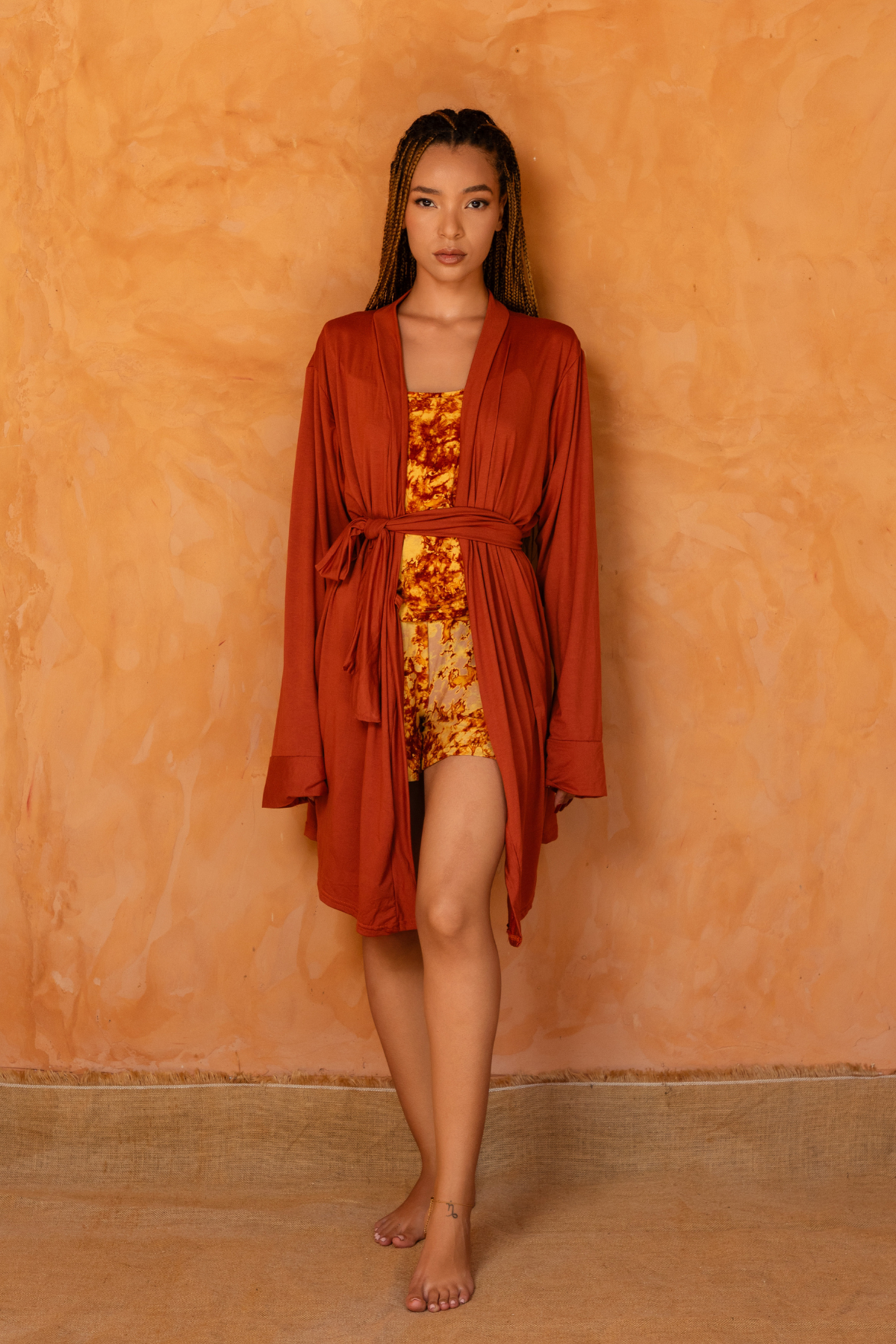 SIRA SET Orange | Ensemble 3 pièces : Débardeur + short + kimono court