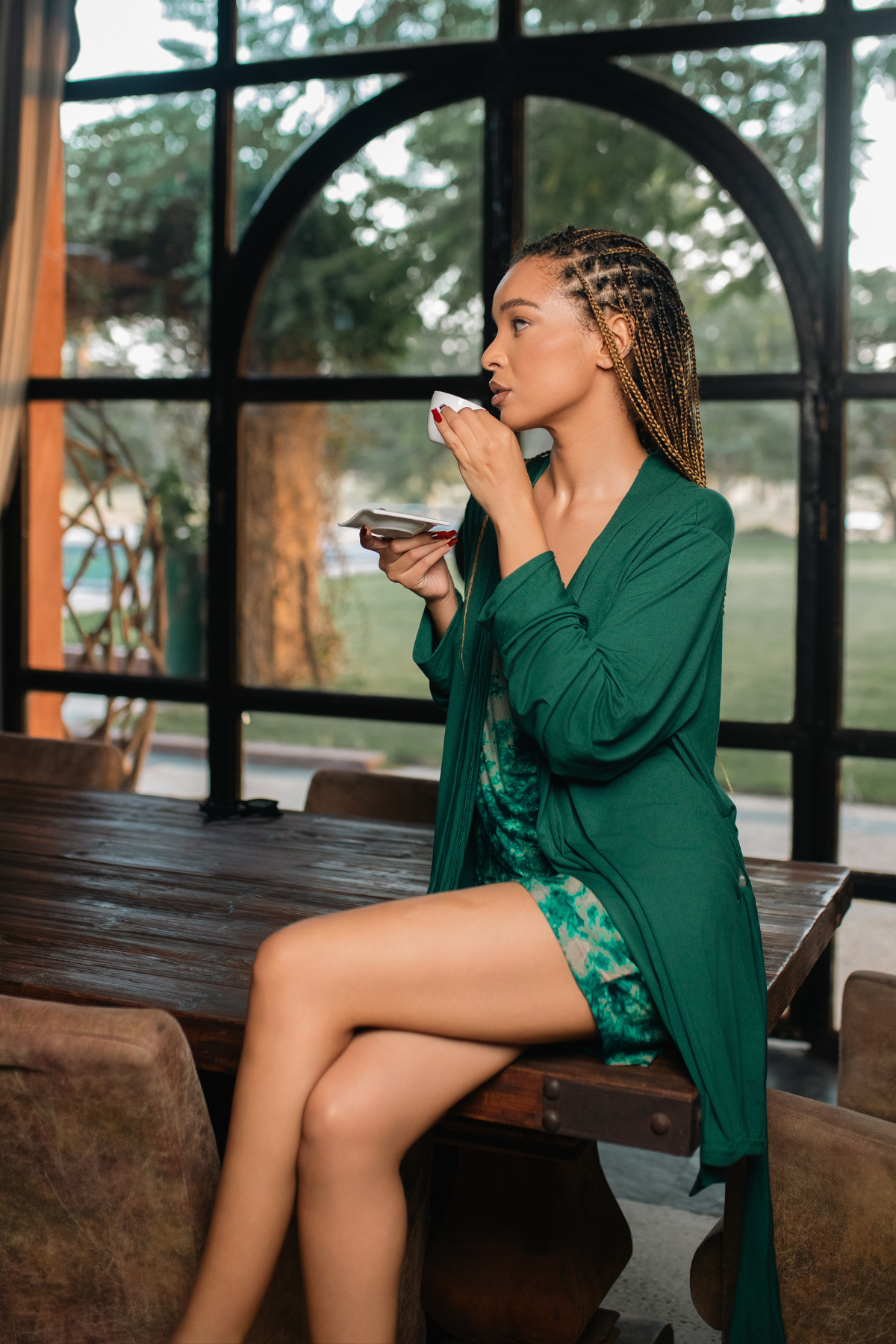 SIRA SET Vert | Ensemble 3 pièces : Débardeur + short + kimono court