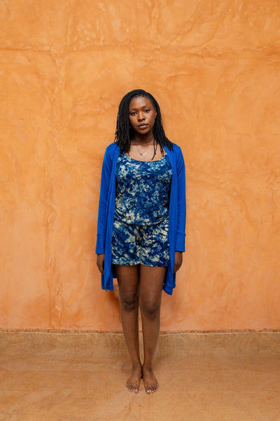 SIRA SET BLEU | Ensemble 3 pièces : Débardeur + short + kimono court